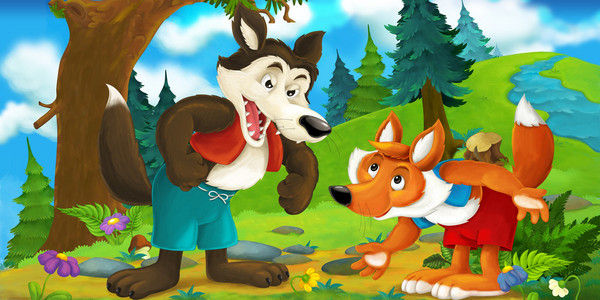 卡通场景的说话狐狸在森林里的狼照片