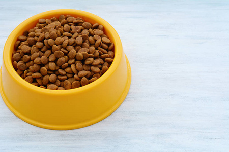 黄色塑料碗满了狗粮的白色木质背景.宠物喂养与护理理念照片