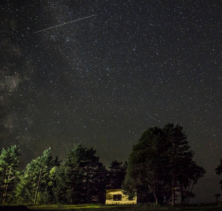 满天星斗的天空夜景与照明的小屋