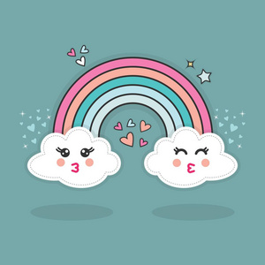 蓝绿色闪光可爱抽象愉快的亲吻 emoji 表情云彩和彩虹与心脏闪光在