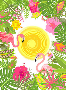 夏季垂直横幅奇花异草 太阳与双粉红色的火烈鸟