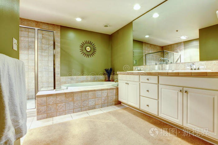 带两个水槽浴缸和淋浴的绿色和白色浴室。