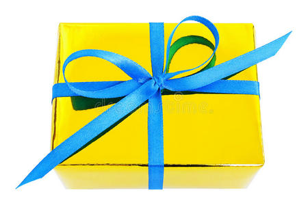 黄色光泽礼品包装，蓝色缎子蝴蝶结