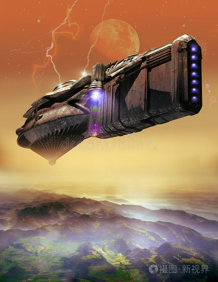 外星人未来世界近距离接触卡通外星人与空间冰冷宇宙飞船太空战舰外星
