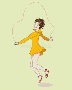 跳绳,身材健美的女运动员在黄色的摄影棚背景下,非洲女孩举着跳绳练习