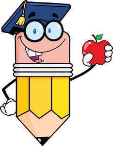带着研究生帽拿着红苹果的铅笔老师