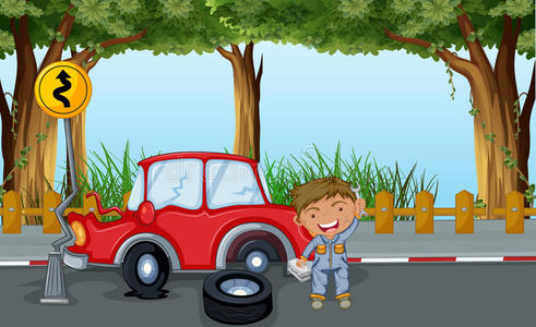 一个带工具的男孩和一辆红色的车在路上