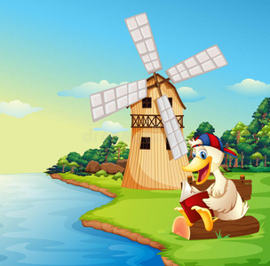 在风车旁看书的鸭子照片