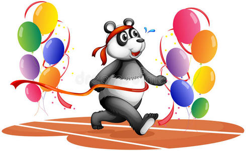 带着彩色气球奔跑的熊猫