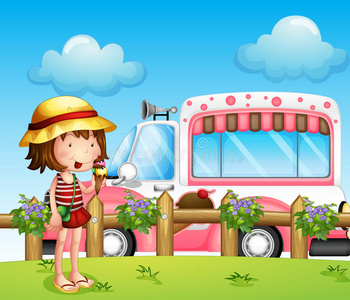 一个小女孩和冰淇淋巴士
