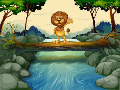 一只狮子站在河上的树干上