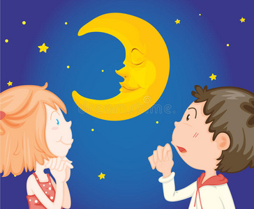 晚上和月亮在一起的孩子们照片