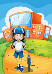 站在校舍前的女自行车手