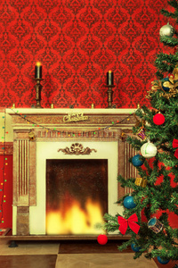 带有圣诞树和壁炉的感官复古圣诞内饰