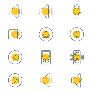 矢量图12旋律图标线样式。可编辑的前下上声音和其他图标元素集