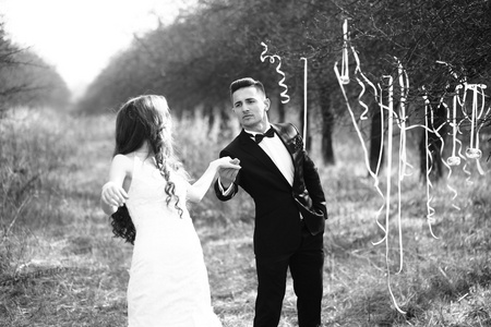新婚夫妇和树上的丝带
