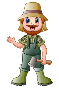 卡通老木匠卡通伐木工人拿着斧头,挥舞着照片