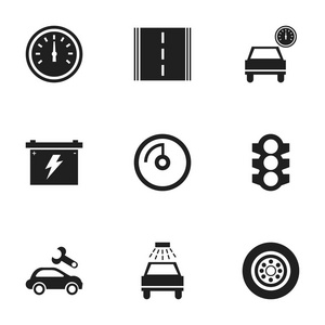 9 可编辑汽车图标集。包括符号，如汽车离不开，轮胎 交通信号灯和更多。可用于 Web 移动 Ui 和数据图表设计