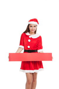 亚洲圣诞女孩与圣诞老人衣服与空白符号