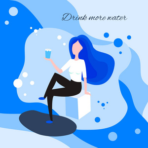 活力卡通一个女孩用吸管喝水.美丽的充满活力的女孩与水.