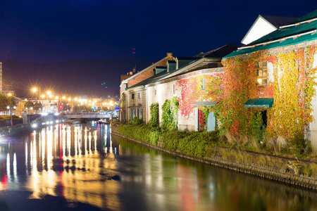 小樽运河在北海道城市的夜晚