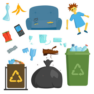 回收垃圾元素垃圾袋子轮胎管理行业利用概念和废物生态罐头瓶回收处置框矢量图