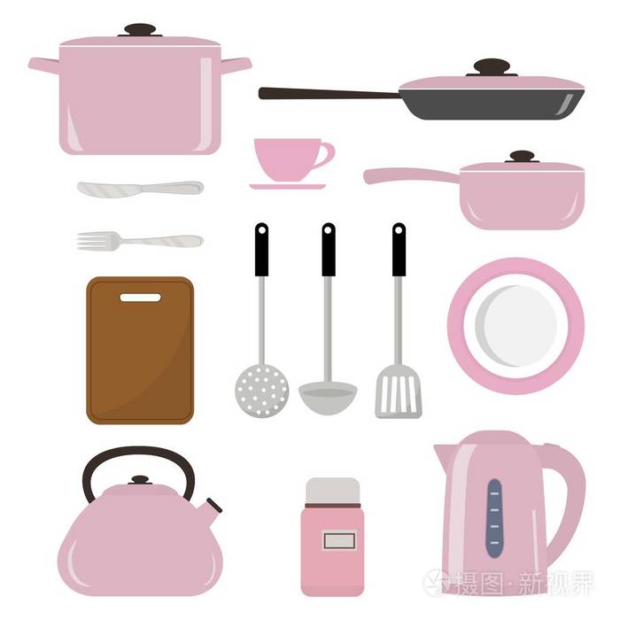 一套厨房用具和工具在一个孤立的白色背景上的粉红色