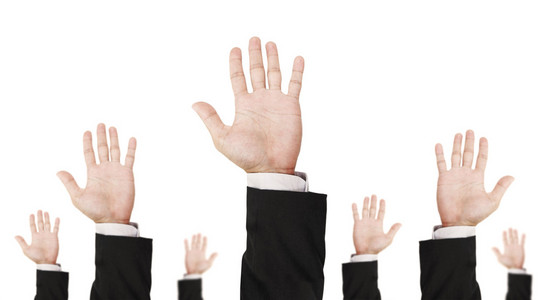 向上,提高孤立在白色背景的商人的手照片