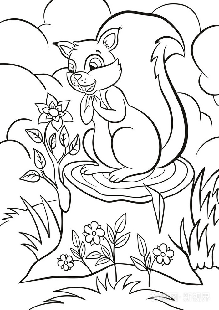 小可爱的松鼠站在树桩上,看着可爱的小熊插画-正版商用图片0qmqz1