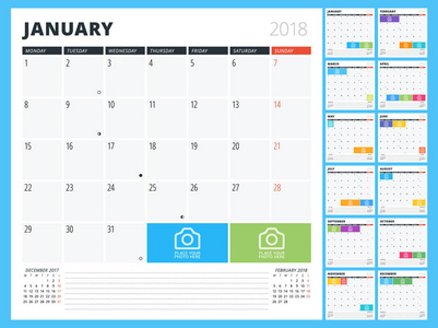 2018 年的日历日程备忘录。打印设计模板。在周一的周开始。矢量图。文具设计