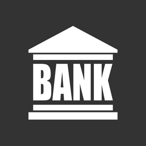 银行大楼中平面样式的图标。在黑色背景上的矢量图