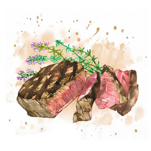 百里香牛肉.水彩的肋眼牛排.手绘插画.白色背景上孤立照片