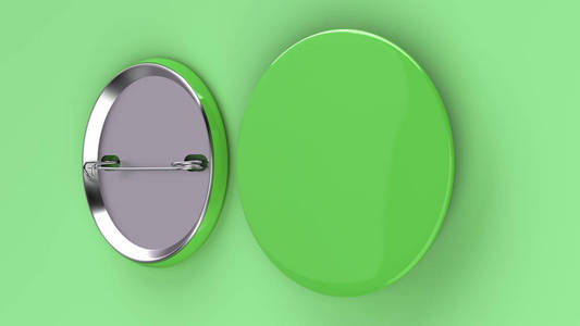 绿色背景上的空白绿色徽章。Pin 按钮样机。3d 渲染插图