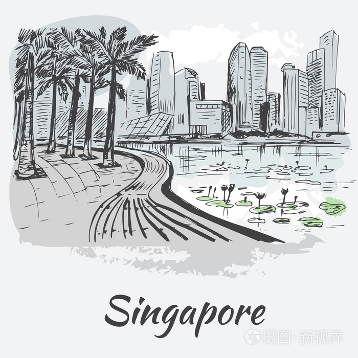 新加坡海岸线与大型建筑物和莲花插画-正版商用图片0qmulz-摄图新视界