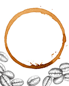 手工绘制的咖啡豆和水彩斑点被隔离在白色。矢量插图