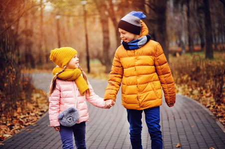 秋画像中快乐的兄妹走在阳光明媚的公园里。孩子们在温暖的白天一起玩耍