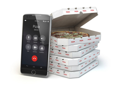 移动比萨饼订购和交付的概念。智能手机和比萨饼
