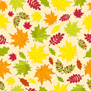 为包装纸墙纸图案填充网页背景等而进行的彩色秋叶无缝图案。矢量插图。Eps10