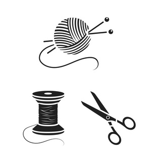 画室和缝纫黑色图标集收集设计。缝纫矢量符号库的设备和工具 web 插图