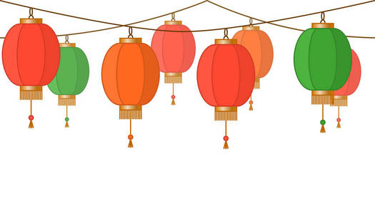 中国灯笼花环, 多彩的亚洲传统纸灯链没有背景, 仙女灯, 页脚和横幅装饰, 矢量插图