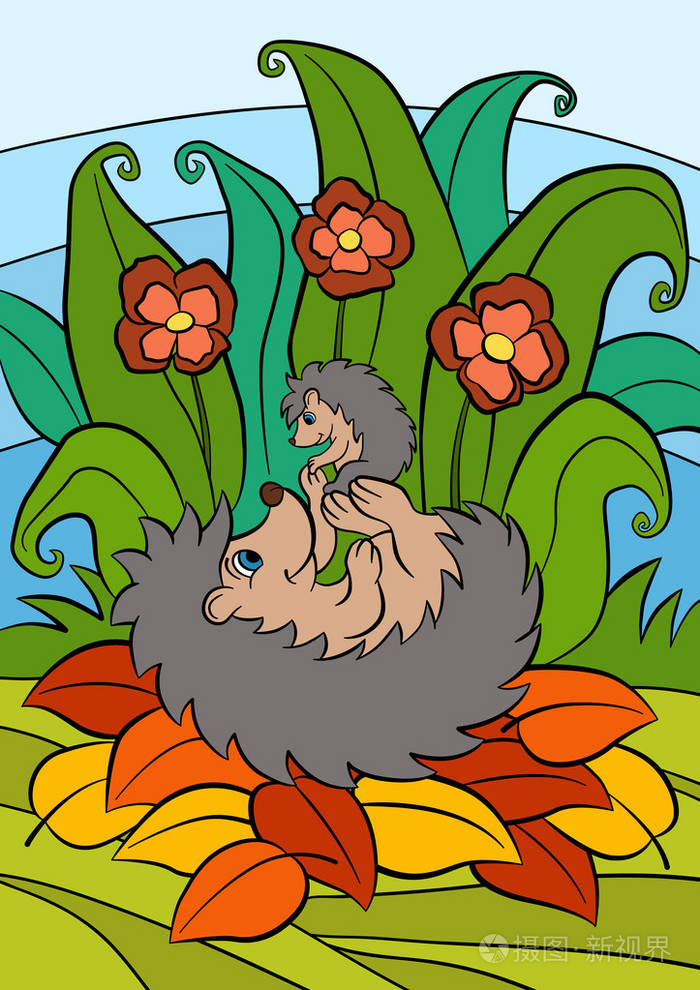 刺猬妈妈手里拿着小小的可爱的小宝贝刺猬