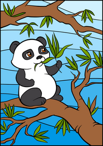 小可爱的熊猫坐在树上，吃树叶