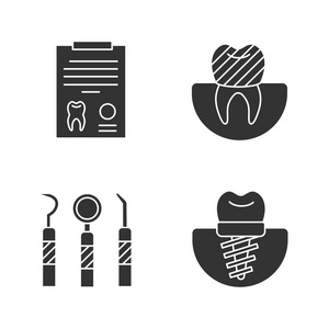 牙科标志符号图标设置。口腔 医学。诊断报告, 牙种植体和牙冠, 牙科器械。剪影符号。矢量隔离插图