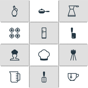 矢量插图12烹饪图标。可编辑的肉刀, 滗水器, 燃气灶和其他图标元素集