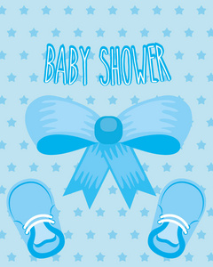 蓝弓小鞋丝带点缀背景婴儿淋浴卡