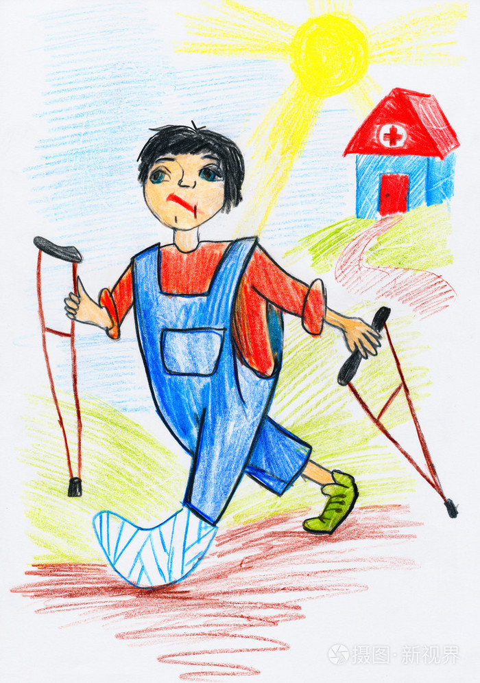 一条断腿患者是出院，拐杖，救护车理念   孩子画张画在纸上