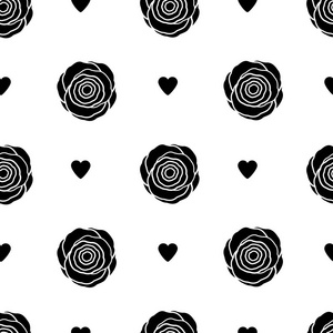 无缝图案与黑色玫瑰和心脏的白色背景。矢量插图