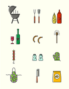 烧烤和烧烤工具。彩色线条图标