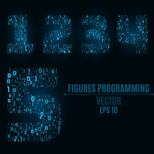 符号和编程元素的蓝色数字。数字 1，2，3，4，5。微微发光。二进制代码。矢量图。Eps 10