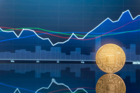 概念-物理金属数字硬币与蓝色全球交易交易所市场价格图表背景照片